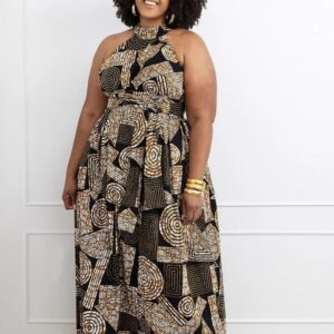 Woman modeling a colorful Ronke African print halter maxi dress