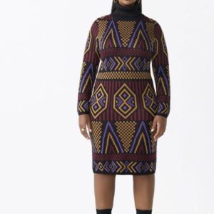 Woman modeling a cozy turtleneck sweater dress