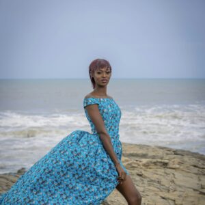 Ocean Blue Ankara Off-Shoulder Dress